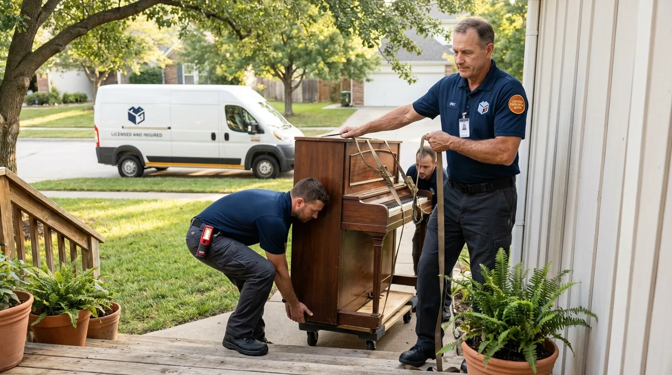 Licensed piano movers securing grand piano in Hurley, NM